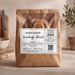 Plantilla de etiqueta para alimentos caseros, pegatina para caja de pan de masa madre, etiqueta de ingredientes para micro panadería, etiqueta de panadería para impresora térmica, imprimible en Canva