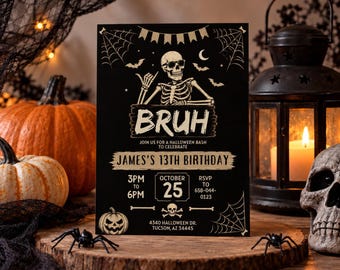 Vintage Halloween Birthday Invitation, Skeleton Birthday Party Invite, Spooky 13th Birthday, Printable Halloween Party Invitation