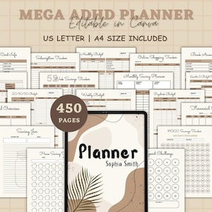 Planificador para adultos con TDAH, planificador para el trabajo con TDAH, organización para el TDAH, diario para el TDAH, planificador imprimible, planificador en PDF, planificador Canva, finanzas, estudio