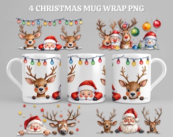 Peeking Christmas Mug 15oz PNG Bundle | Santa Mug Wrap Design, Christmas Mug PNG for Sublimation and 15oz Mug Designs