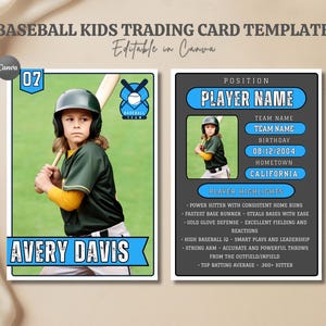 May include: Baseball trading card template featuring a young baseball player in a green and yellow uniform, holding a bat. The card includes the player's name, Avery Davis, and highlights. The background is a light beige.