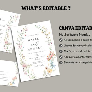 May include: A floral wedding invitation template with a watercolor design. The invitation features the names "Hazel and Edward" and the text "Welcome to the wedding of". The template is editable in Canva.