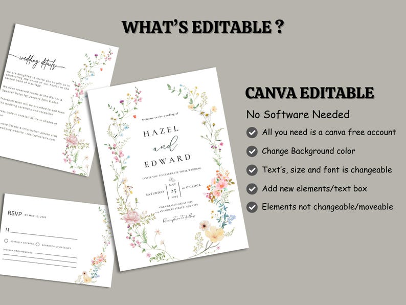 May include: A floral wedding invitation template with a watercolor design. The invitation features the names "Hazel and Edward" and the text "Welcome to the wedding of". The template is editable in Canva.