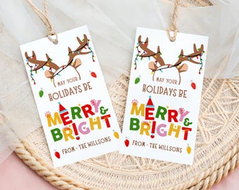 Puede incluir: Dos etiquetas de regalo blancas con un diseño festivo. Cada etiqueta presenta cuernos de reno adornados con luces navideñas, el texto "May Your Holidays Be Merry & Bright" y el nombre "The Willsons."