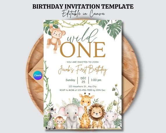 Safari First Birthday Evite, Wild One Birthday, 1st Birthday Digital Invite, Jungle First Birthday Evite, Jungle Animals Party