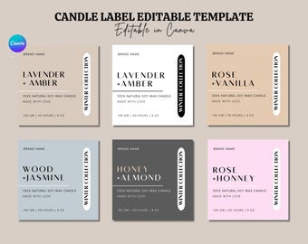May include: Six square candle label templates with a winter collection theme. Each label features a different scent combination, including Lavender + Amber, Wood + Jasmine, Honey + Almond, Rose + Vanilla, and Rose + Honey. The labels are beige, light blue, gray, light pink, and white with black text and a black and white winter collection graphic.