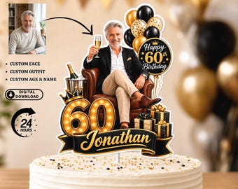 Custom 60th Birthday Cake Topper, Golden Birthday Party, Personalized Photo Gift for Him, Cartoon Portrait (Digital Download)