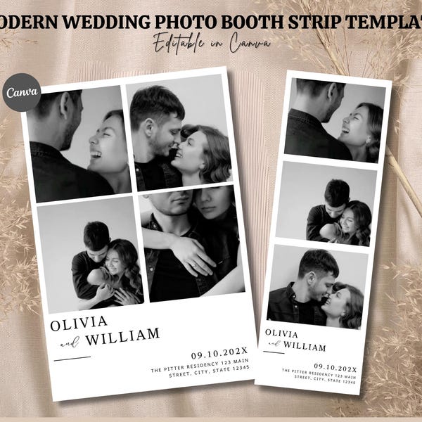 Sjabloon voor modern bruiloftfotohokje – bewerkbaar minimalistisch ontwerp van 2 x 6 en 4 x 6 | Canva-sjabloon direct downloaden | Afdrukbare Photobooth