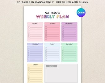 Planificador semanal editable / PDF imprimible y digital / Organizador de lista de tareas semanales / Plantilla de horario semanal