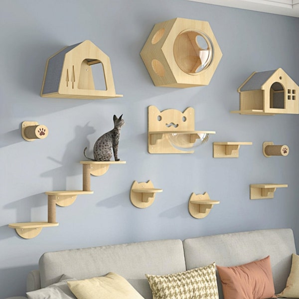 Benutzerdefinierte Katzenwandregal-Katzenkletterwand-Katzenregale-Katzenspielplatz mit Katzenbett-Katzentreppen-Katzenwandstufen und mehr-aus neuseeländischer Kiefer