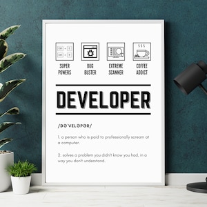 Developer Definition Wall Art Digital Print, Dictionary Artwork, Printable Wall Art, Modern Typography Poster, Digital Download