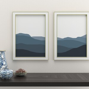 Set of 2 Monochromatic Blue Abstract Wall Art Print, Minimalist Print, Bedroom Wall Art, Modern Landscape, Digital Download