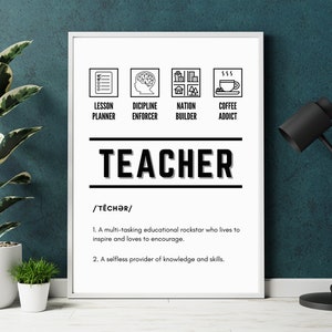 Peut inclure: Une affiche imprimable en noir et blanc avec le mot "TEACHER" en lettres grasses. L'affiche définit un enseignant comme une rock star éducative multitâche qui vit pour inspirer et aime encourager. Elle décrit également un enseignant comme un fournisseur altruiste de connaissances et de compétences.