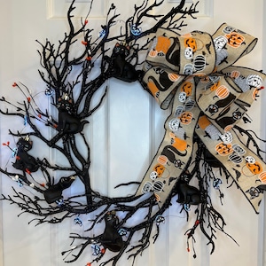 Halloween schwarze Katze Kranz mit Lichtern | Halloween-Dekor | Schwarze Katze Zweig Kranz | Beleuchteter Halloween Kranz schwarze Katze