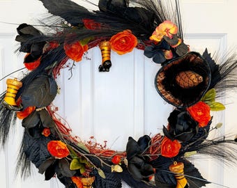 Halloween Witch Wreath, Orange and Black Floral Door Decor, Glitter Grapevine Wreath with Witch Hat and Legs, 22 Inch
