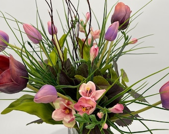 Spring Floral Centerpiece with Vase, Tulip Arrangement, Faux Flower Arrangement, Table Decor, Coffee Table Decor, Housewarming Gift
