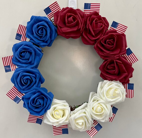 10 Patriotic Red White Blue Roses & Flags Wreath Etsy