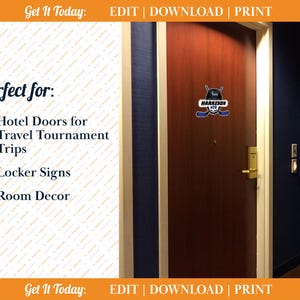 May include: A brown hotel door with a hockey-themed sign that reads "Harrison #24." The sign features a hockey helmet and crossed hockey sticks in blue and white. The door is framed by white trim and is in a hallway with blue and beige walls.