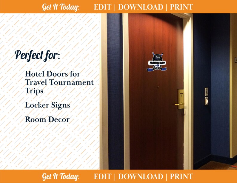 May include: A brown hotel door with a hockey-themed sign that reads "Harrison #24." The sign features a hockey helmet and crossed hockey sticks in blue and white. The door is framed by white trim and is in a hallway with blue and beige walls.