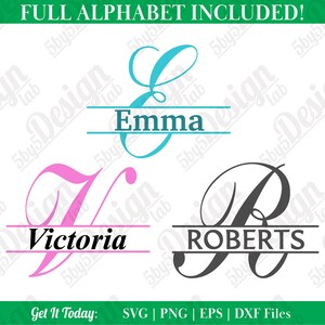 Könnte beinhalten: Ein digitales Design mit drei Monogramm-Optionen. Ein türkisfarbenes 'E' mit 'Emma', ein rosa 'V' mit 'Victoria' und ein dunkelgraues 'R' mit 'Roberts'. Der Text 'FULL ALPHABET INCLUDED!' steht oben. Der Text unten lautet 'Get It Today:'