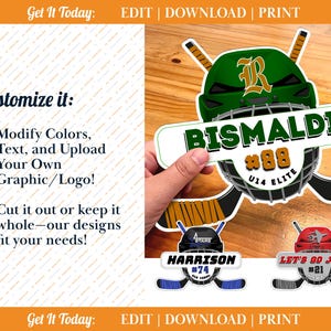 May include: Hockey-themed sticker designs featuring a green helmet with the name "Bismaldi" and the number "88". Additional designs include "Harrison #74" and "Let's Go Jets! #21". The text "Customize it" and "Get It Today" are also visible.