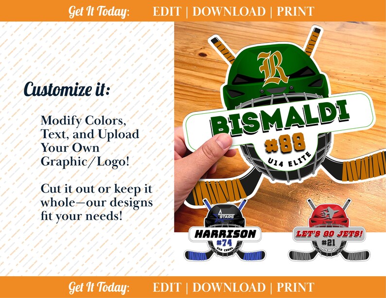 May include: Hockey-themed sticker designs featuring a green helmet with the name "Bismaldi" and the number "88". Additional designs include "Harrison #74" and "Let's Go Jets! #21". The text "Customize it" and "Get It Today" are also visible.