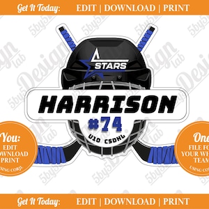 DIGITAL TEMPLATE - Hockey Door Sign [Helmet & Sticks], Printable Hockey Signs for Locker Room, Travel Tournaments, Room Decor, Parties