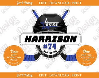 May include: A digital hockey design featuring a black helmet with a blue star logo and the word "STARS". The name "HARRISON" is displayed prominently, along with the number "74" and "U10 CSDHL". Includes text: "Get It Today: EDIT | DOWNLOAD | PRINT".