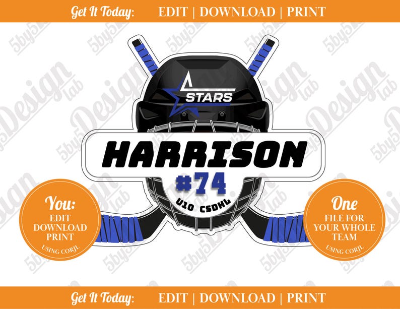 May include: A digital hockey design featuring a black helmet with a blue star logo and the word "STARS". The name "HARRISON" is displayed prominently, along with the number "74" and "U10 CSDHL". Includes text: "Get It Today: EDIT | DOWNLOAD | PRINT".