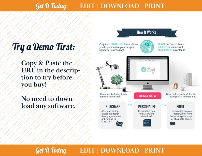 May include: An advertisement with orange and white diagonal lines. The text reads "Get It Today: EDIT | DOWNLOAD | PRINT" and "Try a Demo First: Copy & Paste the URL in the description to try before you buy! No need to download any software."