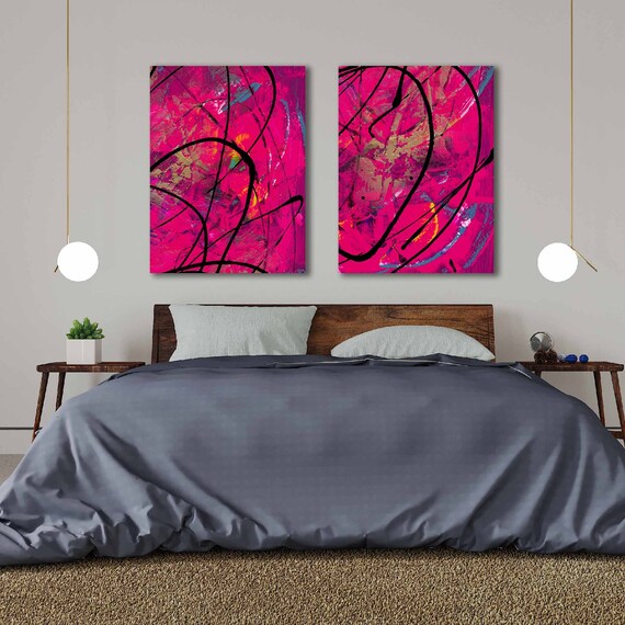Hot Pink Abstract Art Painting Wall Art Intense Purpule Set of Etsy