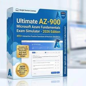 May include: A box for the Ultimate AZ-900 Microsoft Azure Fundamentals Exam Simulator - 2026 Edition. The box is blue and white with text and graphics, including "455+ Interactive Practice Questions & Realistic Simulation."