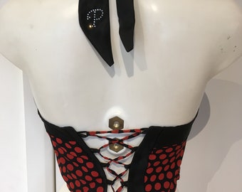 Halterneck Black & Red Top Made From a Variety of Vintage Scarves Featuring Polkadots - Unique