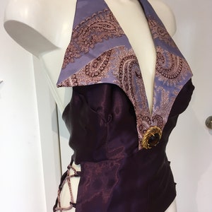 Beautiful Dark Purple Satin Evening Top Made Using a 60s Vintage Paisley Scarf and Featuring Vintage Brooch - Unique