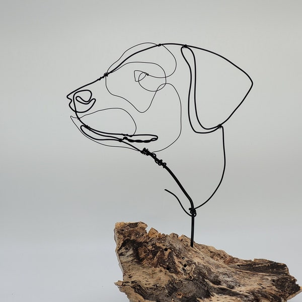 Dog head made of wire, wire figure dog, handmade, wood