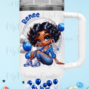 May include: White tumbler featuring a cartoon girl in blue denim and a blue jacket. The tumbler has the name "Renee" and the words "Birthday Girl" in blue. Blue and white balloons decorate the tumbler.