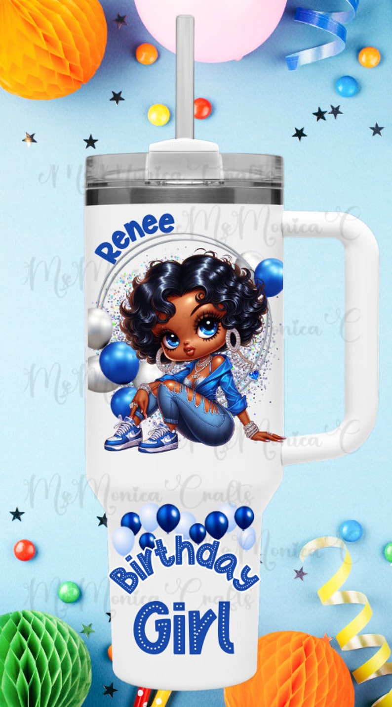 May include: White tumbler featuring a cartoon girl in blue denim and a blue jacket. The tumbler has the name "Renee" and the words "Birthday Girl" in blue. Blue and white balloons decorate the tumbler.