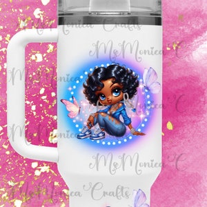 May include: White handled tumbler with a cartoon girl illustration, dark curly hair, blue clothing, and butterflies. The tumbler has a clear lid and a straw. The name "Kim" is written in blue graffiti style.