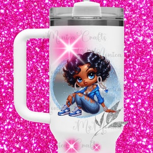 May include: White tumbler featuring a cartoon illustration of a Black girl in a blue jacket and jeans. The tumbler has a white handle, a clear lid, and a white straw. The name "Crystal" is written on the tumbler.