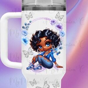 May include: White tumbler with a handle, featuring a cartoon illustration of a girl in blue denim and a jacket. The design includes butterflies, flowers, and the name "Jada" in blue. A white straw is visible.
