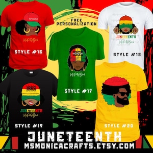 May include: A collection of Juneteenth graphic t-shirts in various colors, including red, green, black, white, and yellow. Each shirt features a unique design with the text "Juneteenth" and "My Pretty Black". Styles are numbered 16, 17, 18, 19, and 20.