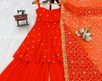 Orange Georgette Sharara Suit, Indian Sangeet Wedding Ethnic Wear