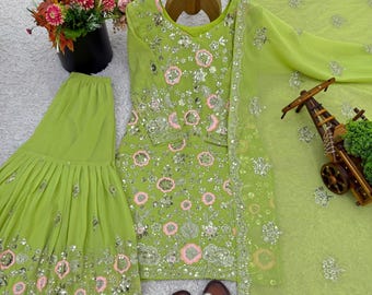 Embroidered Georgette Sharara Suit, Pakistani Party Wear, 3 pc Set