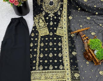 Black Faux Georgette Kurta Plazzo Set, Gold Embroidery Indian Suit