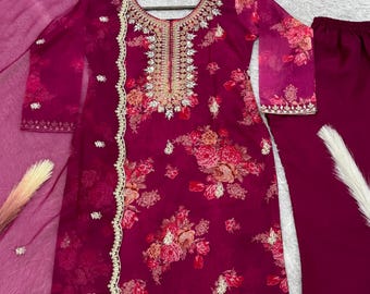 Bestickter Kundan Organza Shalwar Kameez Anzug, Indisches Outfit