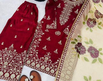 Red Silk Embroidered Salwar Kameez, Indian Palazzo Suit