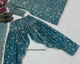 Crushi Silk Salwar Kameez Suit, Pakistani Indian Dress, Embroidery Dupatta