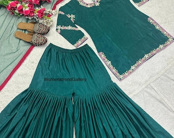Green Embroidered Sharara Suit, Indian Wedding Outfit