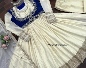 White Chinon Silk Anarkali Gown, Koti Style, Indian Wedding Wear 3pc Set