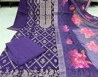 Royal Purple Banarasi Silk Kurta Pant Set, Floral Dupatta, Zari Woven